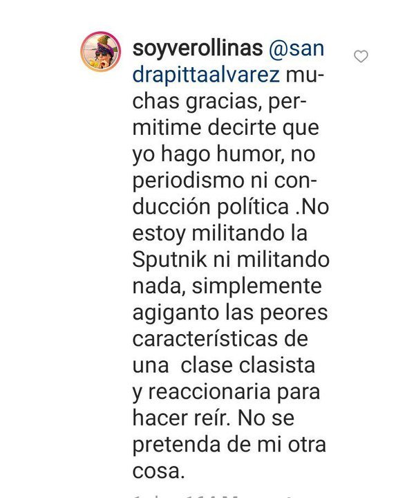 Verónica Llinás cruzó a Sandra Pitta y le puso los puntos por un divertido video sobre la Sputnik V Verónica Llinás cruzó a Sandra Pitta y le puso los puntos por un divertido video sobre la Sputnik V