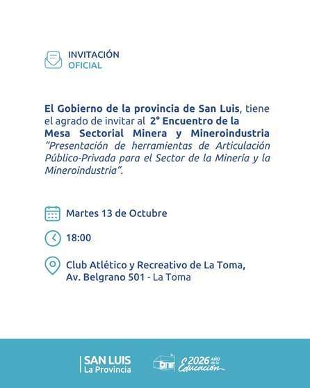 El sector minero de San Luis se reunirá en La Toma para conocer opciones de financiamiento y asistencia El sector minero de San Luis se reunirá en La Toma para conocer opciones de financiamiento y asistencia